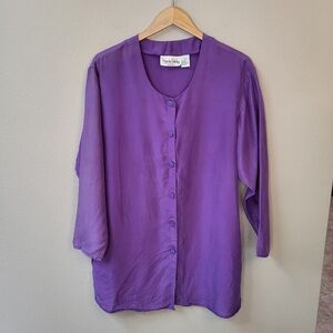 VTG 90s Diane Von Furstenberg 100% Silk Button Up Solid Purple Tunic Blouse S/M